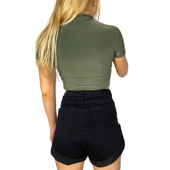 New XS Slinky Army Olive Green Half Zip‎ Short Cap Sleeve High Neck Y2k - Picture 3 of 4